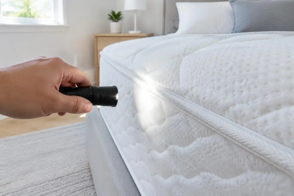 Main éclairant à la lampe la couture d’un matelas blanc pour chercher des punaises de lit