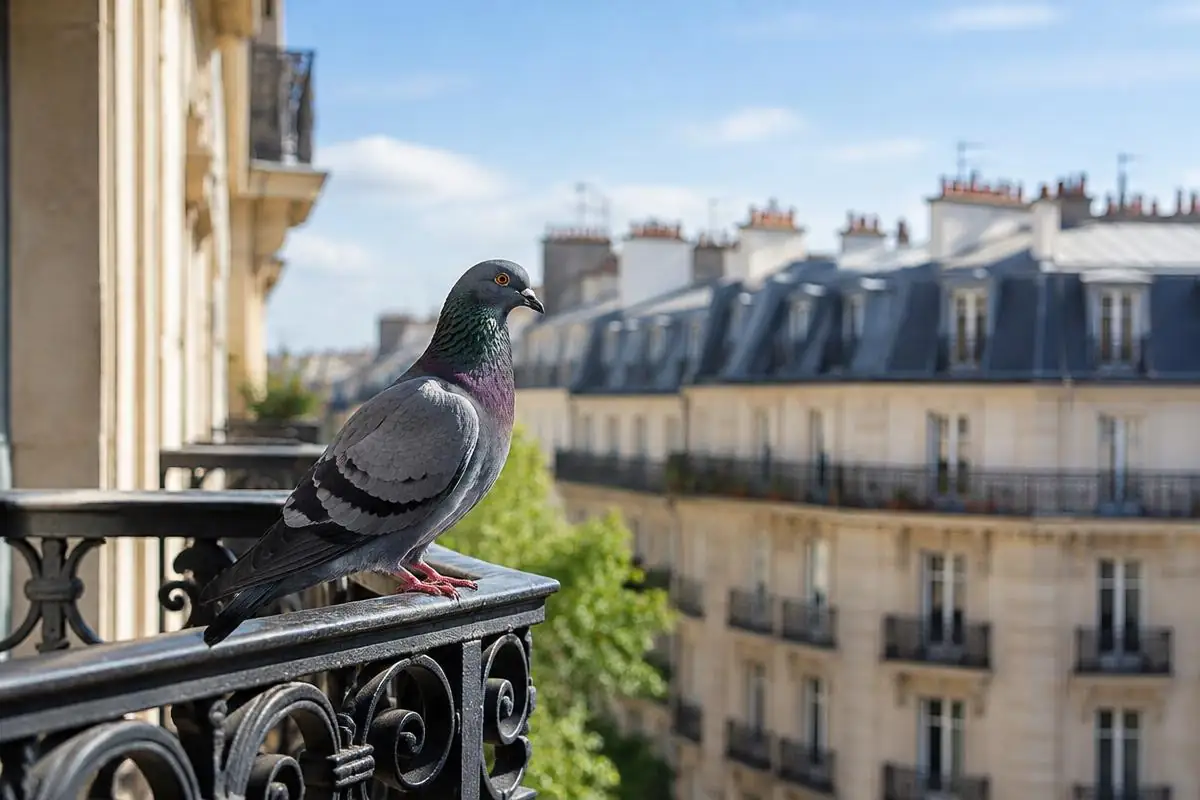 Pigeon sur un balcon parisien, illustration